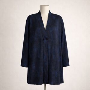 Eileen Fisher XL Long Wool Blend Cardigan Duster Blue Abstract